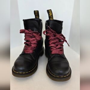 Dr. Martens Black Leather Combat Boots with Chunky Sole and Burgundy Laces